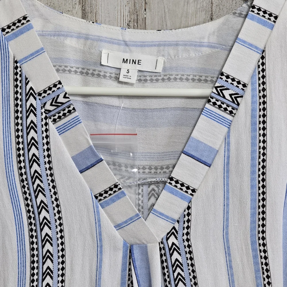 MINE Anthro Blue White Black Striped Sleeveless V Neck Button Back Shirt Small